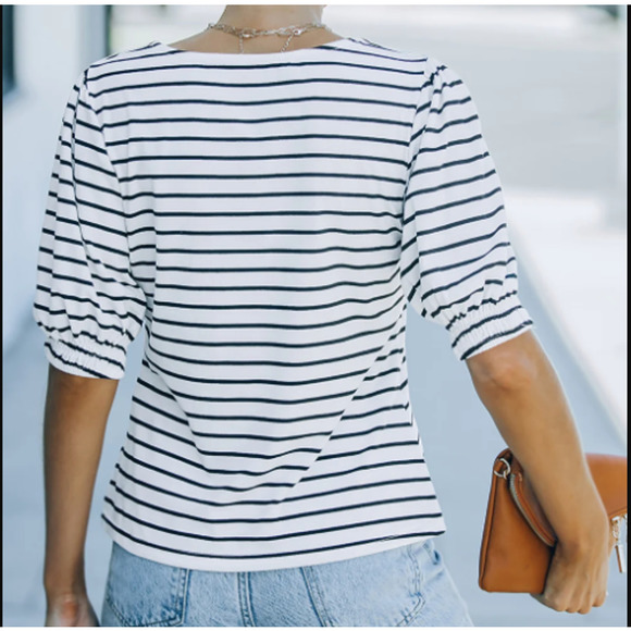 Striped Puff Sleeve Square Neck Top - Womens - Boutique Brand NEW - Large - Picture 4 of 4